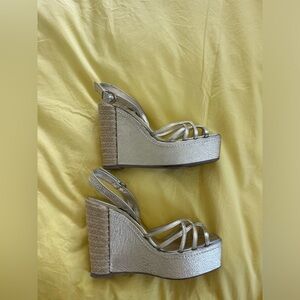 SERGIO ROSSI Light metallic gold leather and jute platform wedge sandals